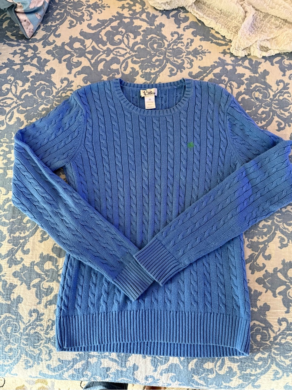 Lilly Pulitzer Lightweight Blue Crewneck Long-Sleeve Cable Sweater Size Medium